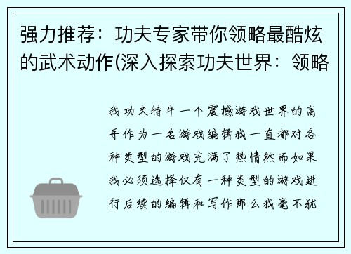 强力推荐：功夫专家带你领略最酷炫的武术动作(深入探索功夫世界：领略最炫酷的武术动作)